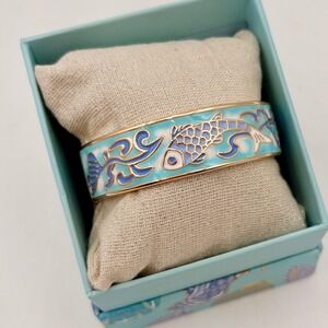 Piper K Blue Koi Fish Enamel Hinged Bangle Bracelet Gold Tone Hand Painted NIB